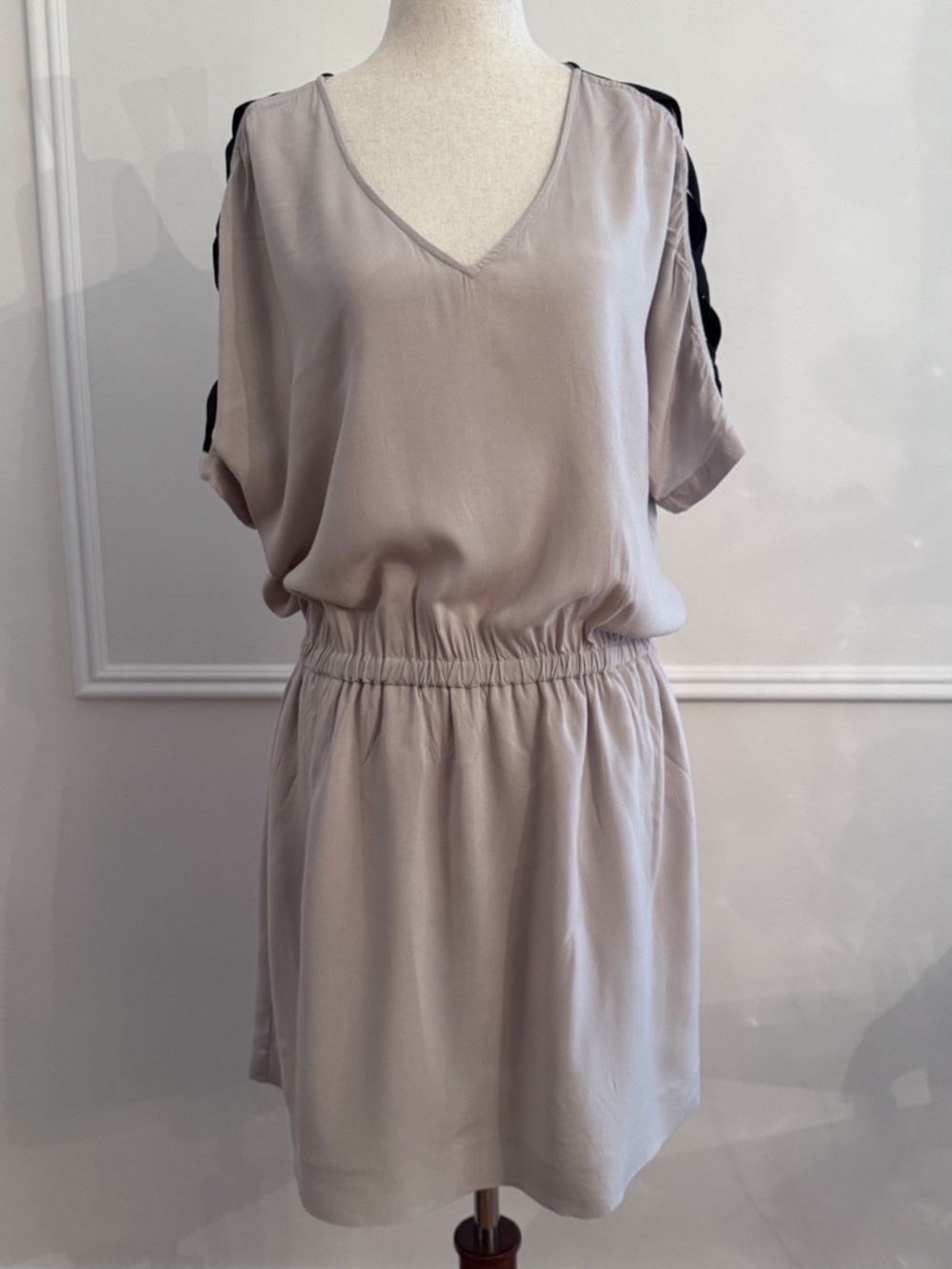 Armani Exchange Draped Dress L Taupe Gray Black Ladder Cutout Shoulder